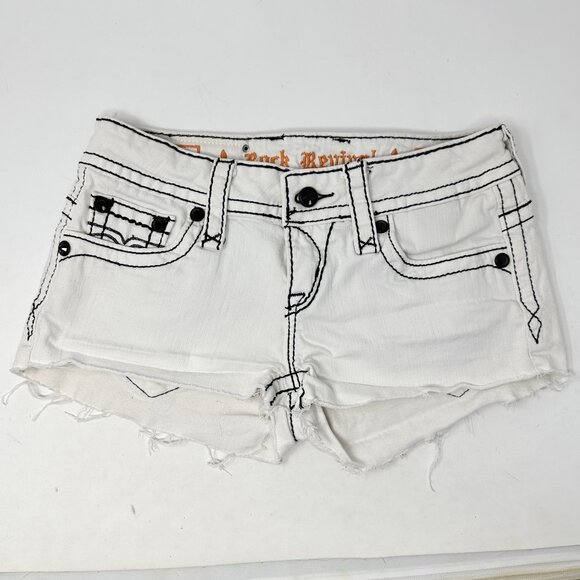 Rock Revival White Jen Demin Shorts sz S 27 Women Black Rhinestone Designs - Picture 1 of 16